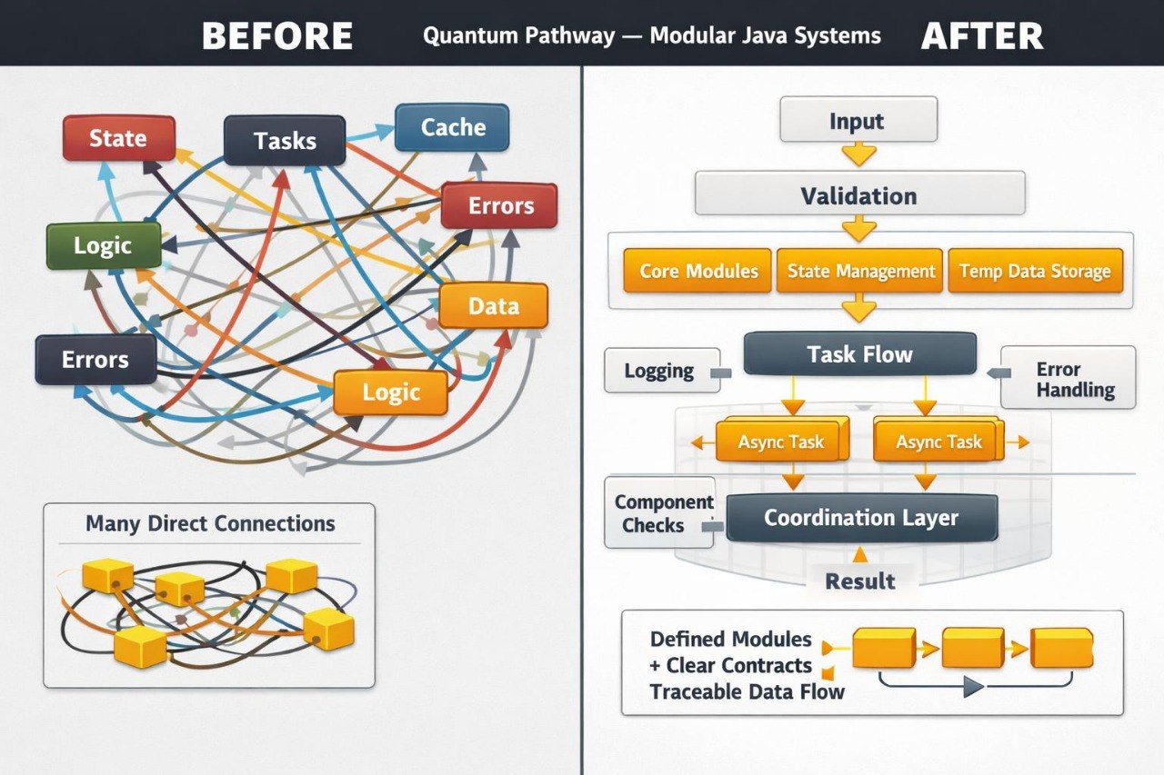 A comparison graphic titled 'BEFORE' and 'AFTER' labeled 'Quantum Pathway - Modular Java Systems,' showing a tangled diagram on the left and a streamlined flowchart on the right, with colored boxes, arrows, and module icons.