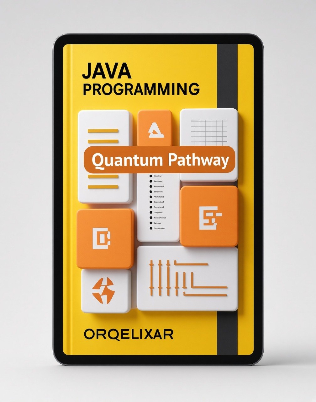 A digital cover design for a Java programming book or course titled 'Quantum Pathway' by ORQELIXAR, displayed on a tablet mockup. The design features a bright yellow background with a black border, stylized white and orange computer keyboard keys, and black text.