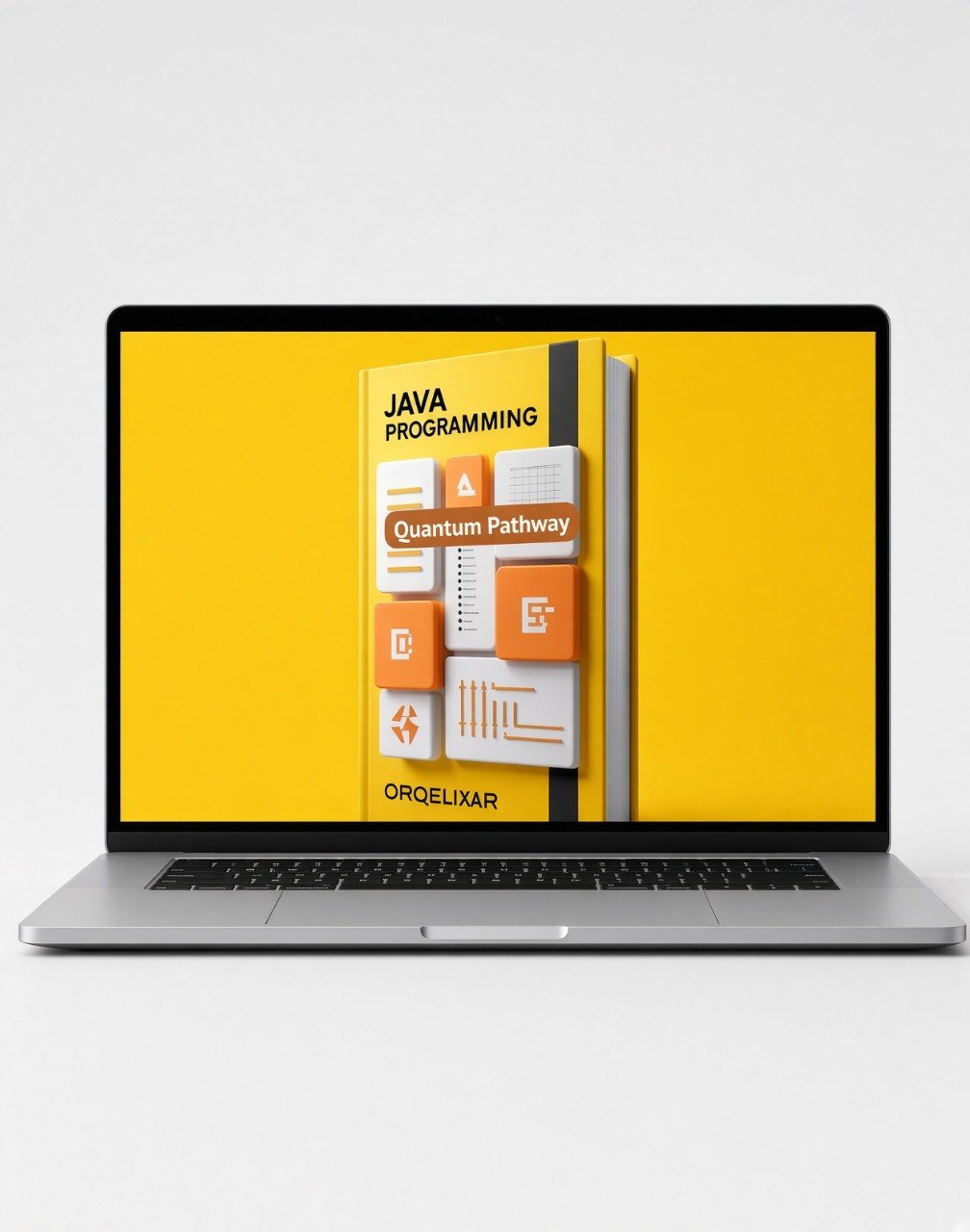 A silver laptop on a light gray background displaying a yellow cover for a Java Programming course titled 'Quantum Pathway' by ORGELIXAR.