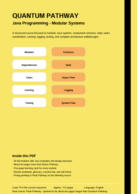 A digital course outline graphic titled 'QUANTUM PATHWAY Java Programming - Modular Systems' on a yellow background, with a black vertical stripe on the right and a black horizontal stripe at the bottom. The layout includes labeled modules such as Modules, Contracts, Dependencies, State, Tasks, Async Flow, Logging, Caching, Testing, and System Flow, plus a section titled 'Inside this PDF' with bullet points about included content.