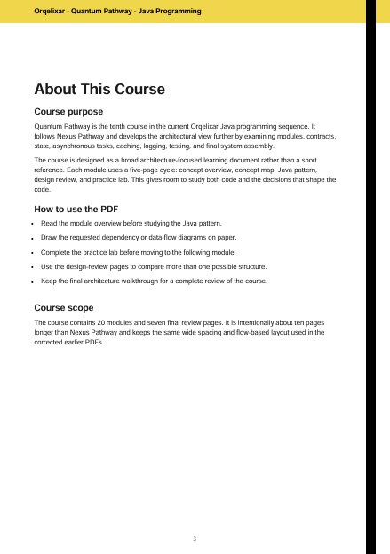 A document page titled 'About This Course' for 'Oreipaq - Quantum Pathway - Java Programming', with black text on a white page and a blue header bar.