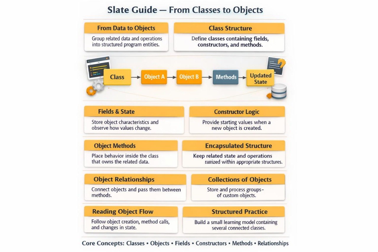 An educational infographic titled 'Slate Guide — From Classes to Objects' on a white background, with orange and blue boxes, icons, and explanatory text about object-oriented programming concepts.