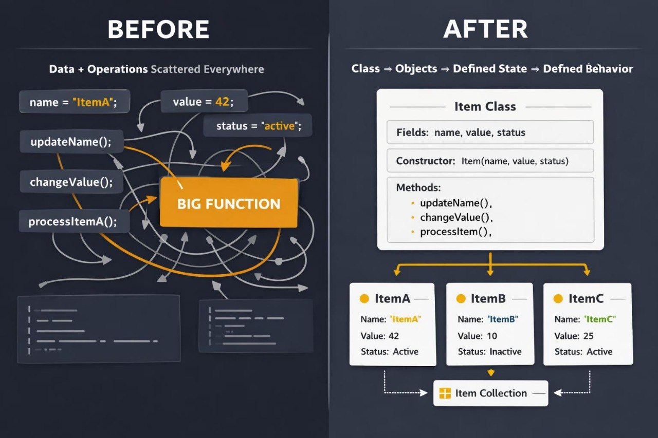 A dark navy digital infographic comparing a 'Before' state of scattered data and operations with an 'After' state of organized class and object data structures, featuring a central orange 'BIG FUNCTION' label.