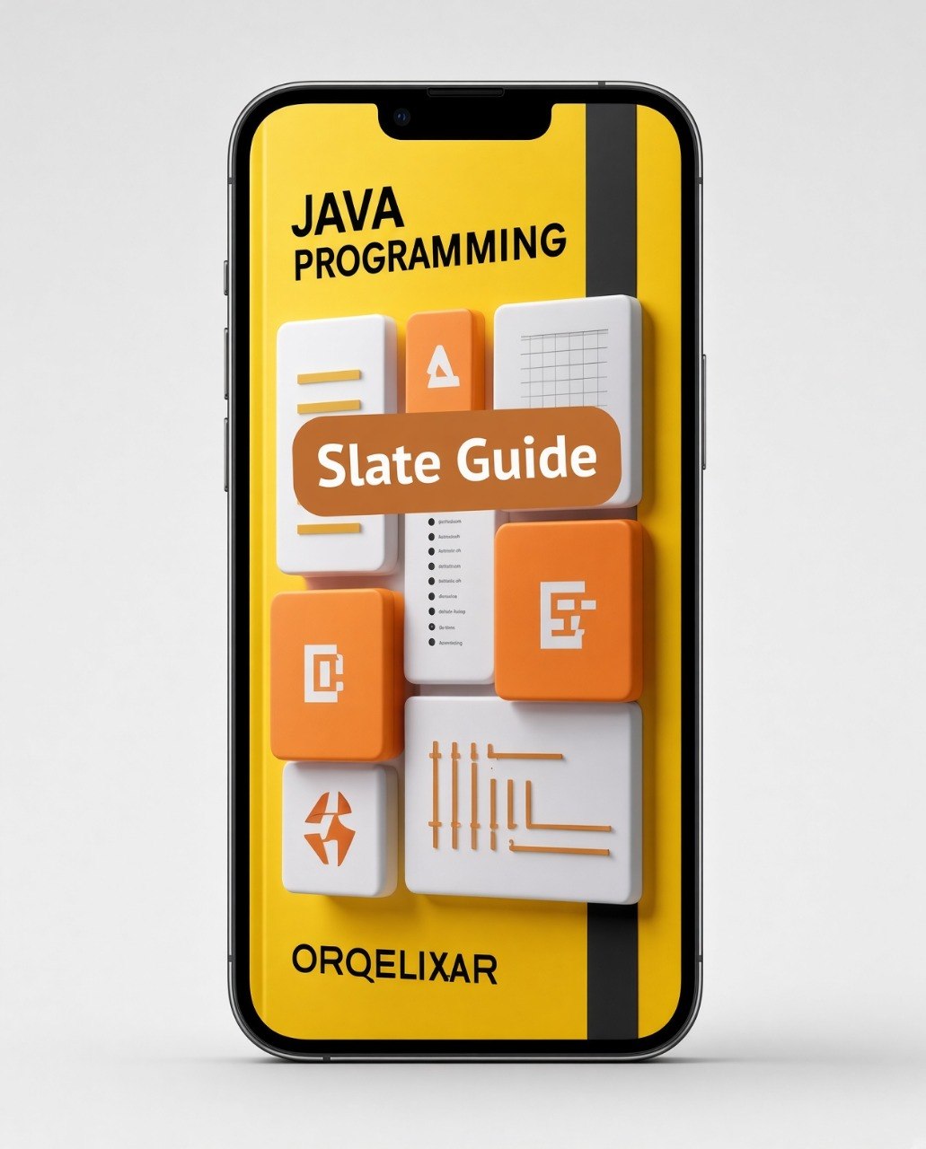 A smartphone mockup displaying a yellow cover design for a Java Programming Slate Guide, with orange and white graphic blocks and the text 'JAVA PROGRAMMING', 'Slate Guide', and 'ORQELIXAR' on a light gray background.