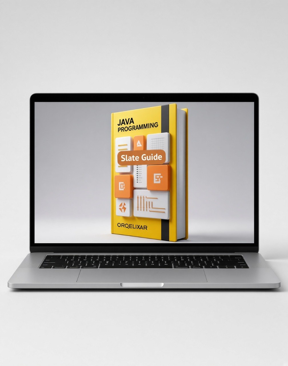 A silver laptop on a light gray background displaying a 3D book cover for 'Java Programming: State Guide' by Orbeluxar on its screen.