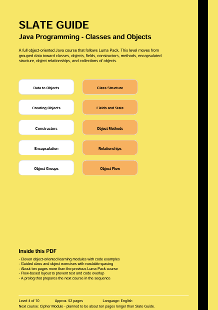 A digital preview page for a 'SLATE GUIDE Java Programming - Classes and Objects' PDF guide, featuring a clean white background with black text and orange and white layout blocks.