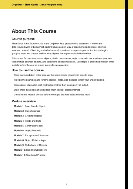 A page from a digital or printed course guide titled 'Ogrelicer - State Guide - Java Programming', outlining the course purpose, how to use the course, and a module overview for learning Java objects.