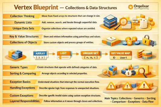 An educational infographic titled 'Vertex Blueprint - Collections & Data Structures' by Oracle Developer Academy, featuring a colorful vector diagram of data structures like arrays, lists, sets, and maps on a yellow and blue gradient background.