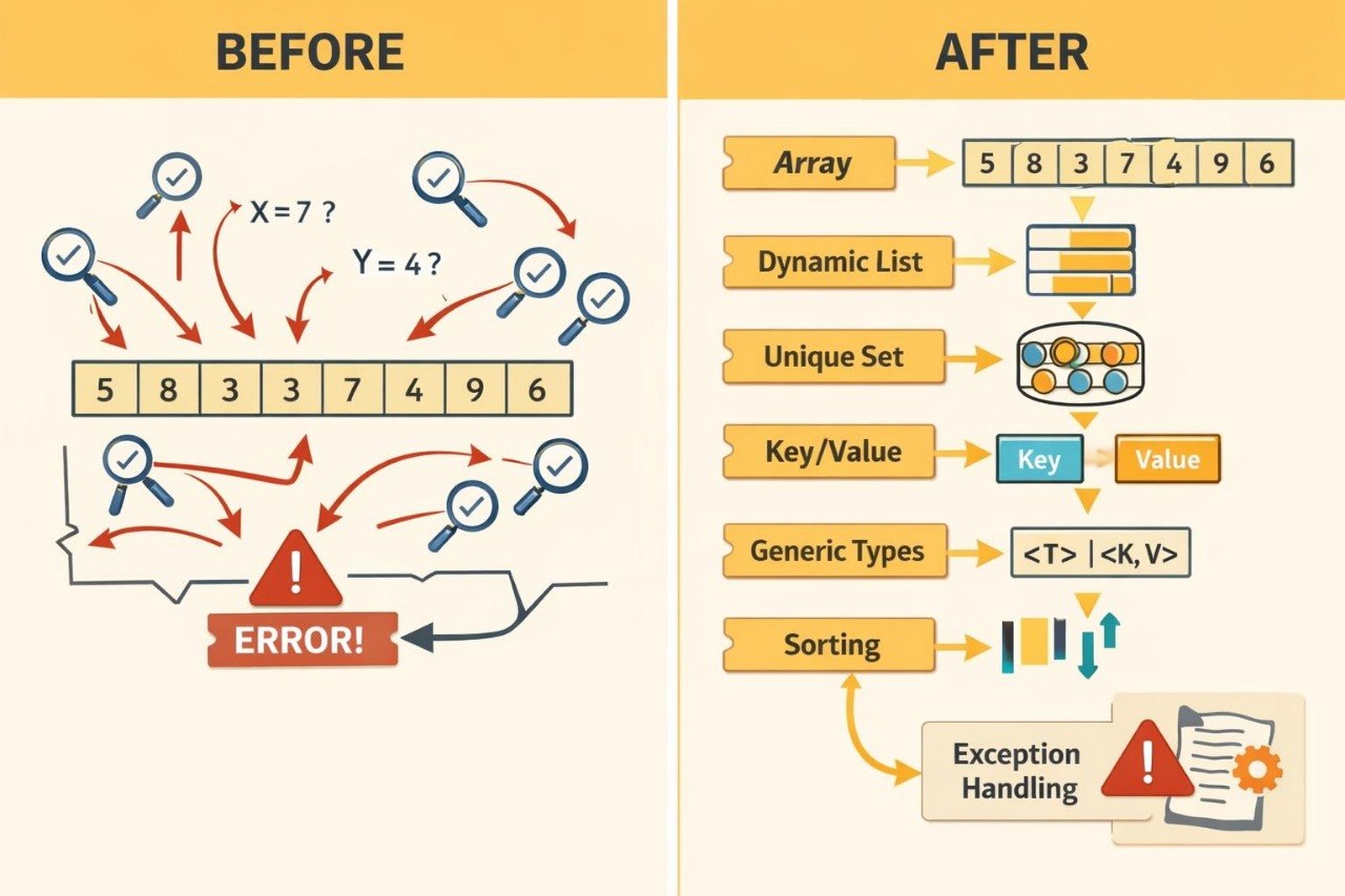 An educational infographic comparing 'Before' and 'After' scenarios for handling duplicate and erroneous values in lists. The left 'Before' section shows a list with duplicates and arrows pointing to an 'ERROR!' label.