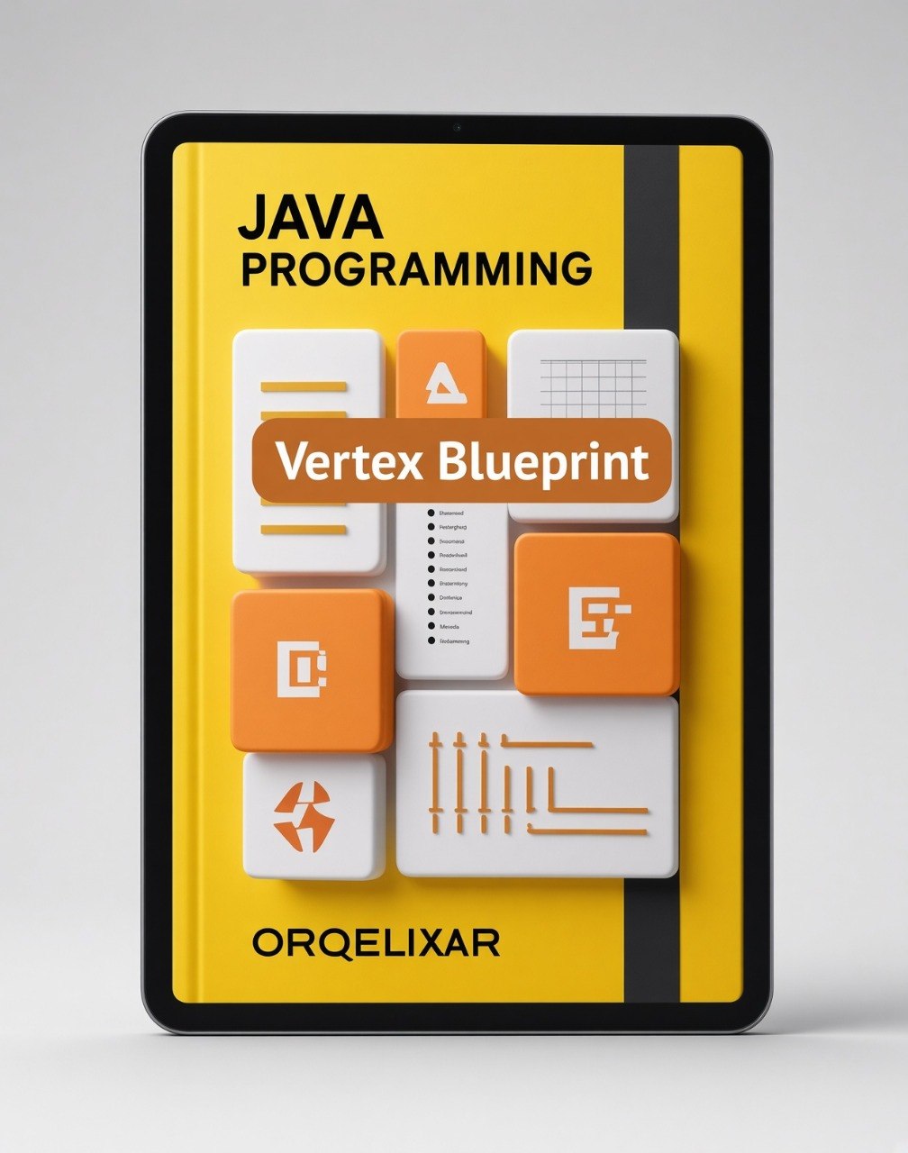 A digital mockup of a book or guide titled 'JAVA PROGRAMMING Vertex Blueprint' by ORQELIXAR, featuring a bright yellow cover with orange and white graphic elements and a black border, set against a neutral gray background.
