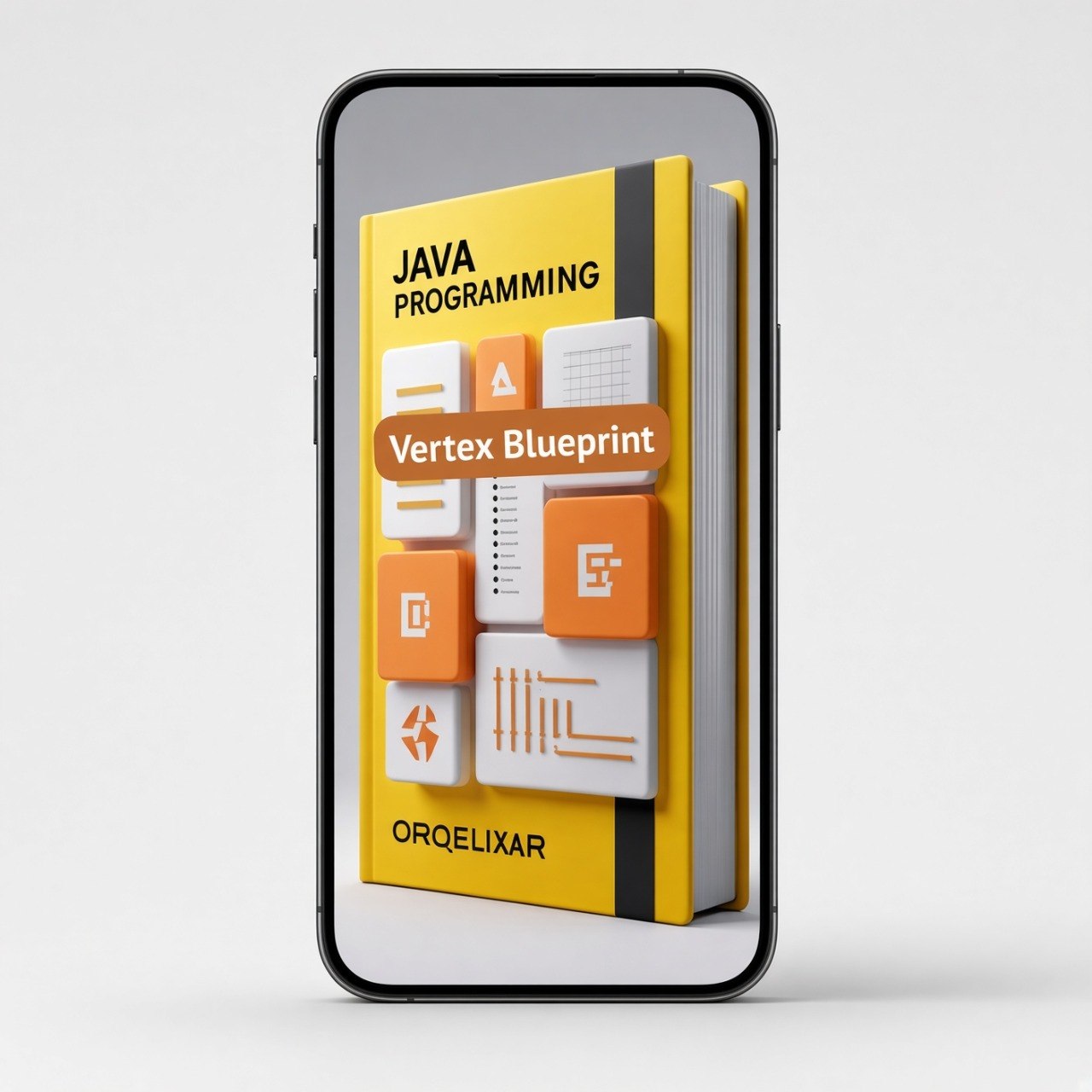 A smartphone mockup displaying a yellow book cover titled "JAVA PROGRAMMING" with the subtitle "Vertex Blueprint" and the name "ORQELIXAR" on the cover, shown against a light gray background.