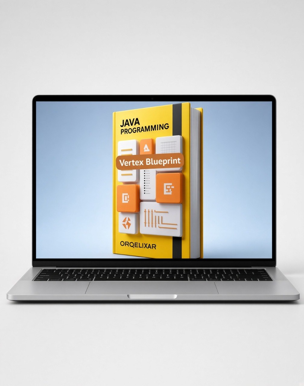 A silver laptop on a light gray background displaying a 3D book cover for 'Java Programming: Vertex Blueprint' by Orqueliar.