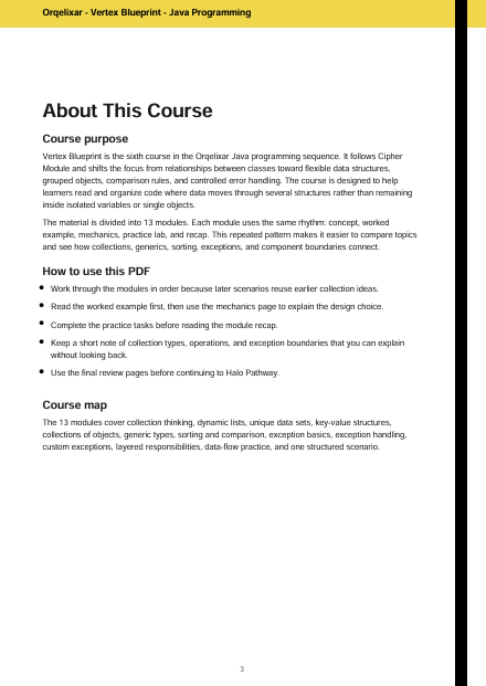 A printed or digital document page titled 'About This Course' for a Vert.x Blueprint Java Programming course, with black text on a white page and a small logo at the top left.